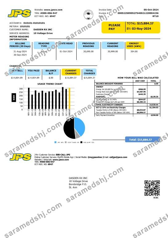 Jamaica Public Service Company Limited (JPS) electricity business utility bill template in Word and PDF format